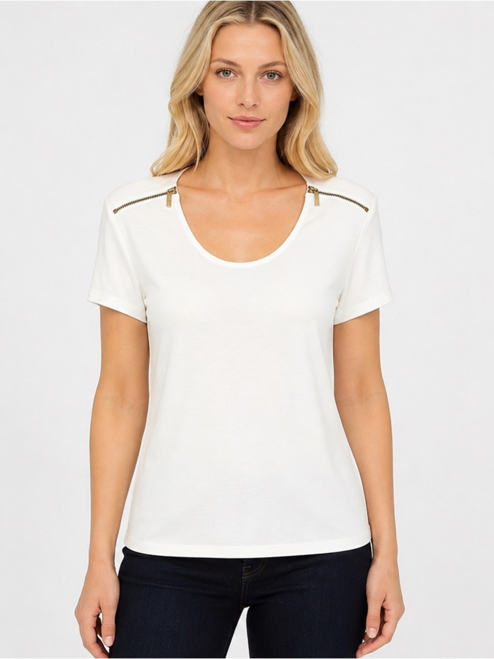 Carmen Marc Valvo Shoulder Zip Short Sleeve Scoop Neck Top White Size Medium